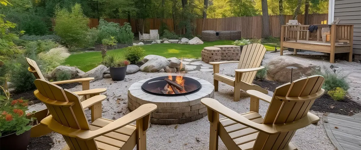 An outdoor living space with a fireplace and outdoor furniture