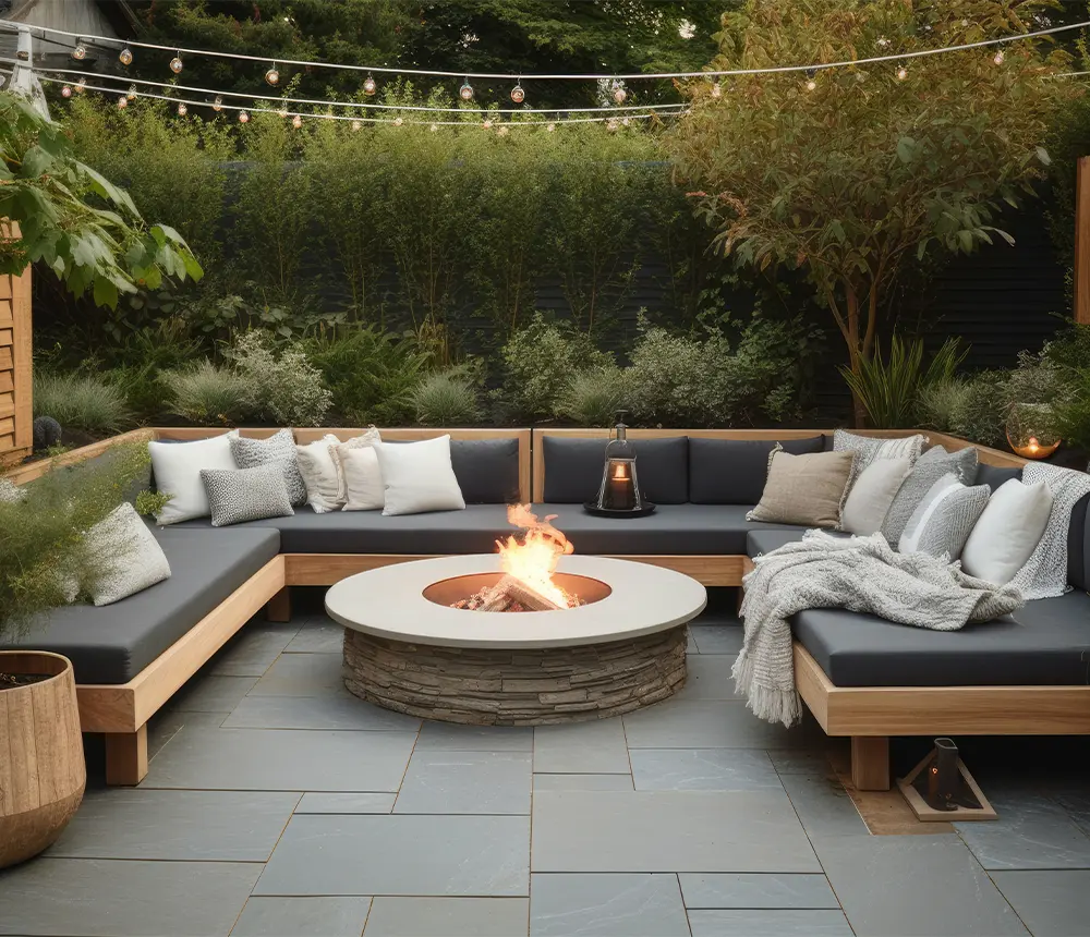 An outdoor space with a bench, a fireplace, and a patio