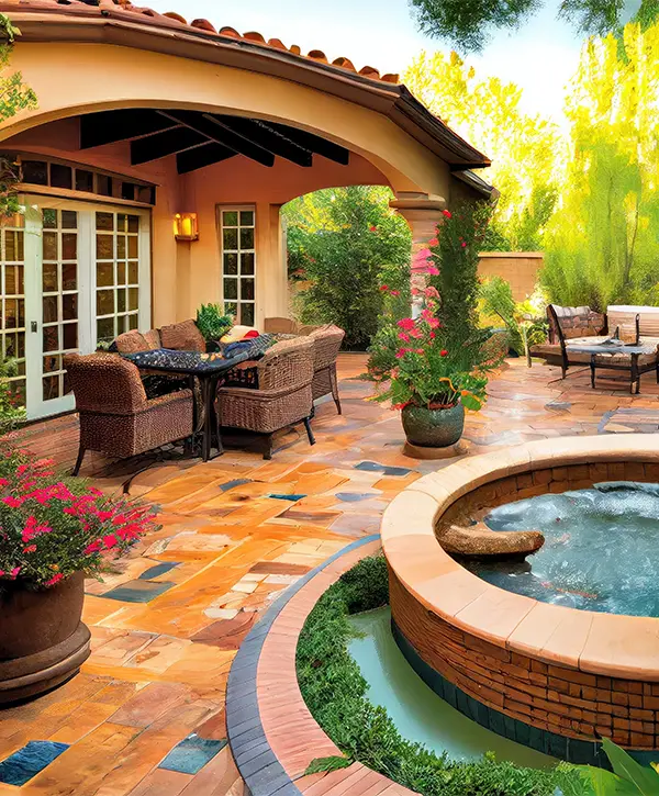 A patio with a water feature and outdoor furniture