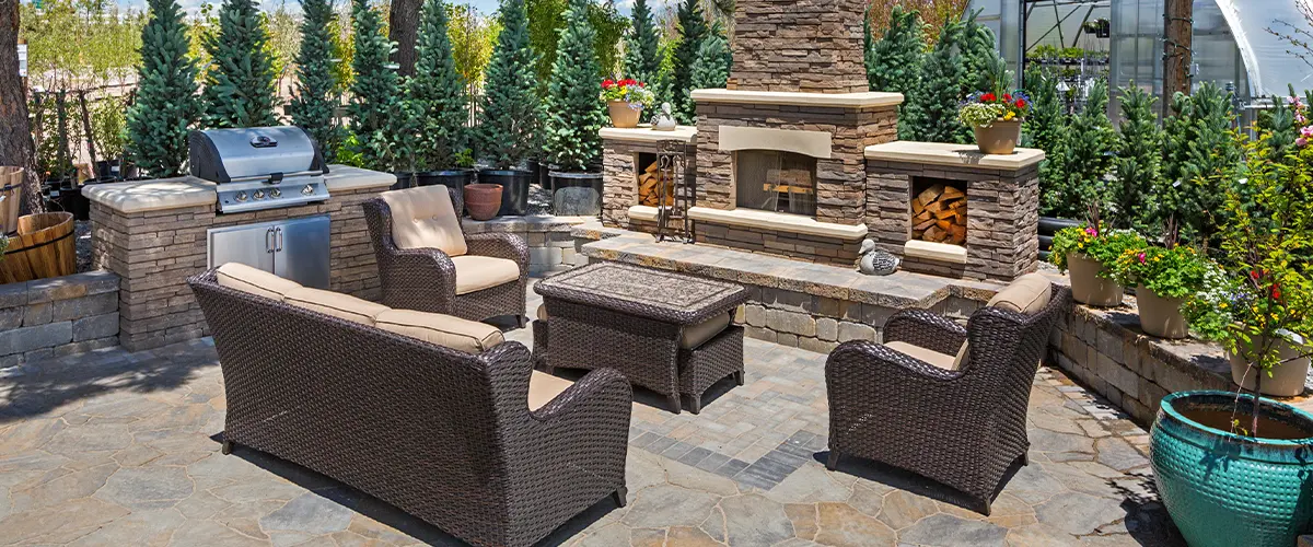 Outdoor space with a grill and fireplace