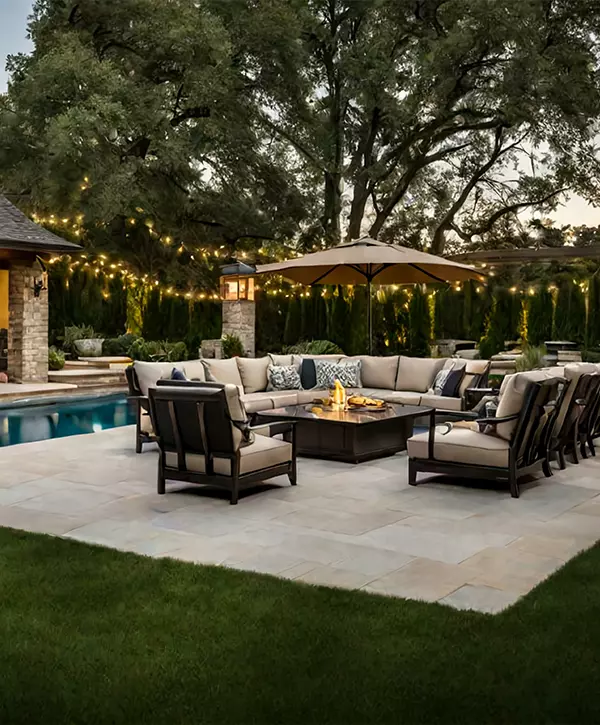 Outdoor Living Spaces In Allen, TX, Expansive backyard with a pool, outdoor kitchen, and landscaped gardens. Luxurious outdoor living space for entertaining and relaxation