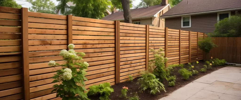 Wooden fence in the backyard and lawn