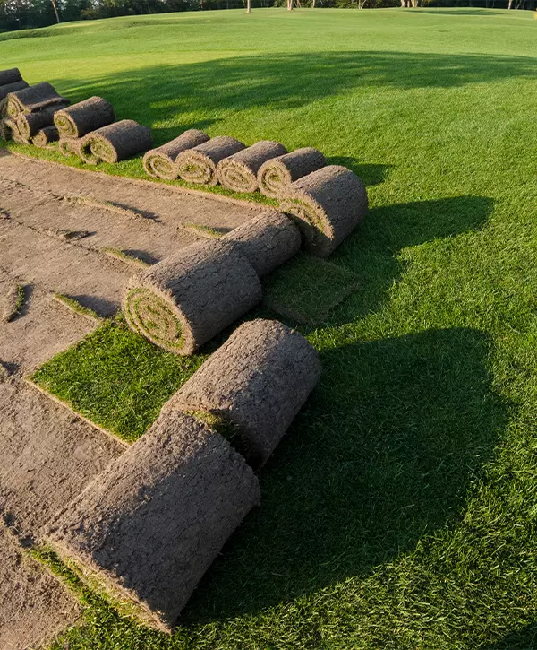 Rolls of lawn grass on a golf course in a park on a sunny day, against a background of pine trees. Sod installation