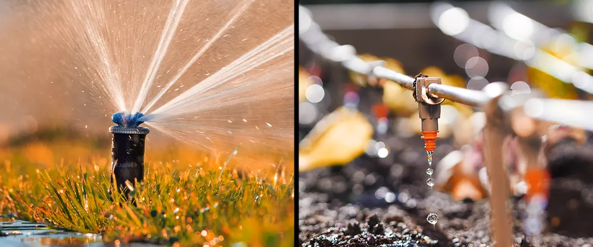 Sprinkler Vs Drip Irrigation System Image Split In Two