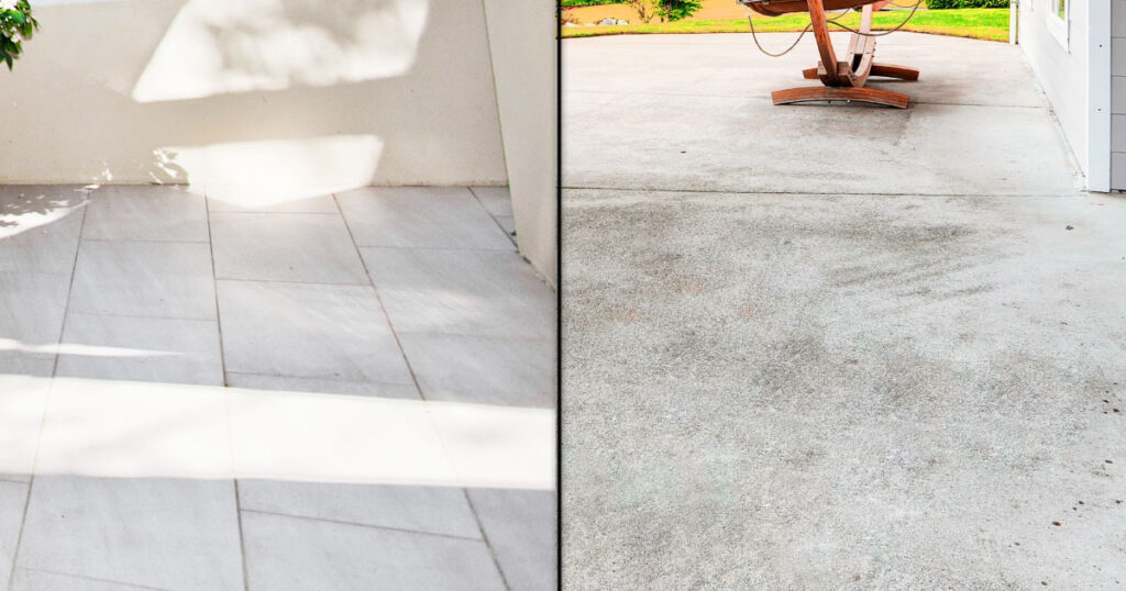 natural stone vs concrete patio image split two