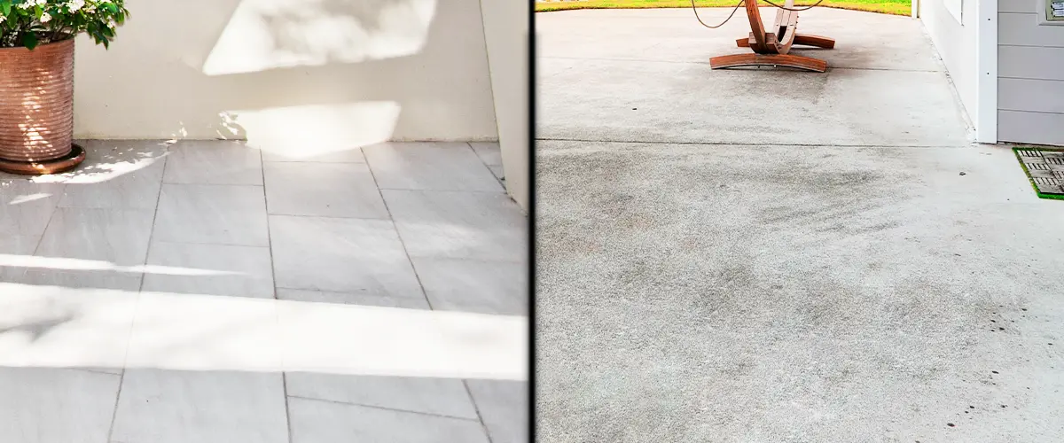 natural stone vs concrete patio image split two