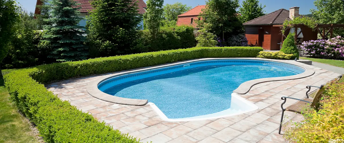 Pool in back yard surrounded by grass.