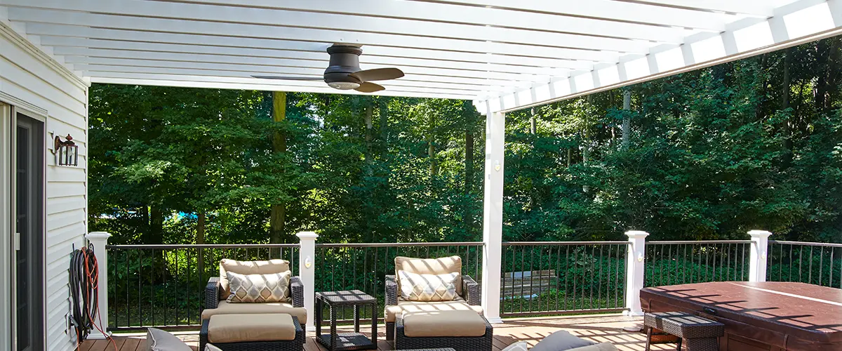 Sunny Outdoor Deck with trex Pergolas and Hot Tub, Suburban Retreat View