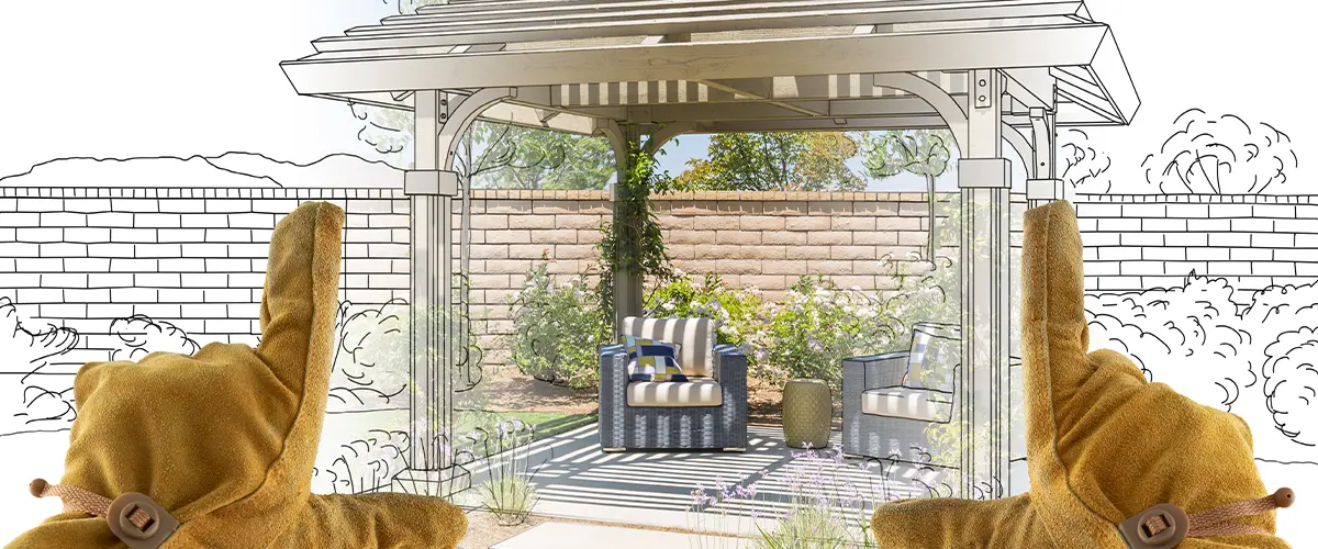 Gloved hands framing backyard pergola design transition from blueprint to real outdoor living space with patio furniture.