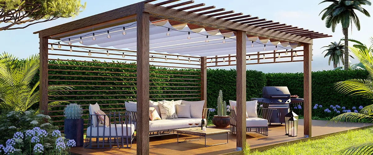 Wood pergola with canopy and string lights in tropical garden