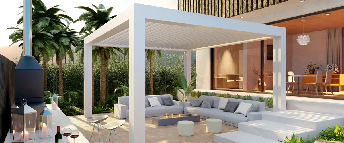 Modern white pergola with lounge seating and fire pit