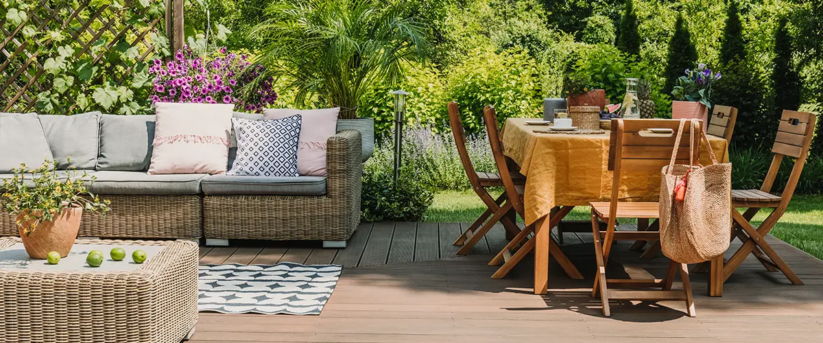 Wicker patio furniture with yellow tablecloth and lush garden backdrop