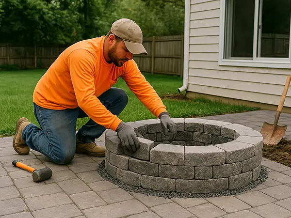 A contractor installing an outdoor fire pit in the backyard