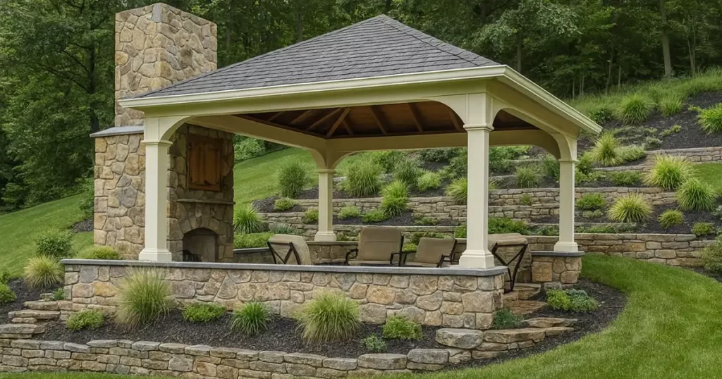 Covered patio as a focal point in a slopped backyard