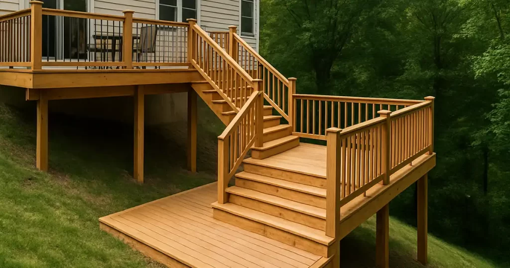 A multi-tiered deck to connect home and slope