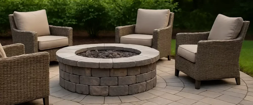 Outdoor fire pit with stone seating area and chairs