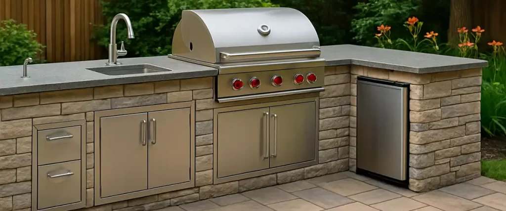 Outdoor kitchen with built-in grill, sink, and fridge