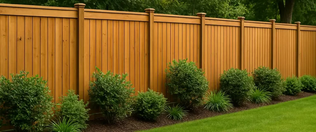 Wooden privacy fence with landscaping in front