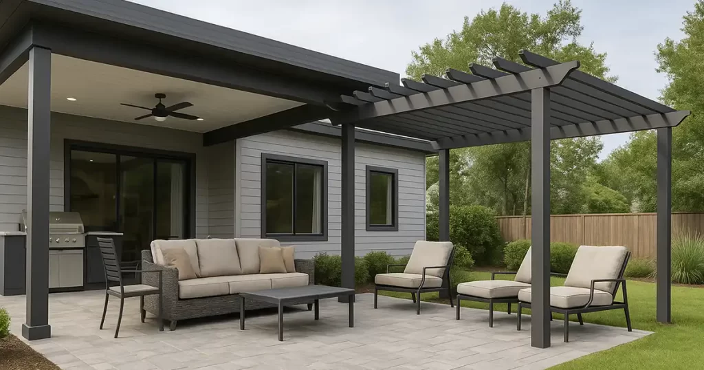Covered patio with black pergola and outdoor lounge furniture