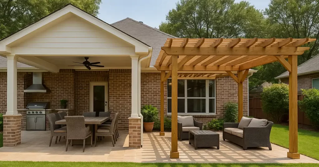 Modern covered patio with wood pergola and outdoor seating