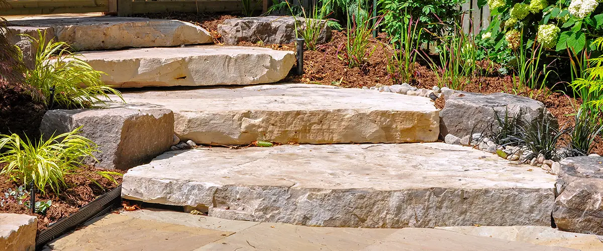 Natural stone steps built into a landscaped garden