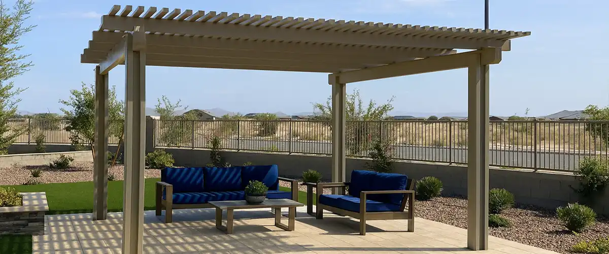 Freestanding pergola with patio furniture in backyard