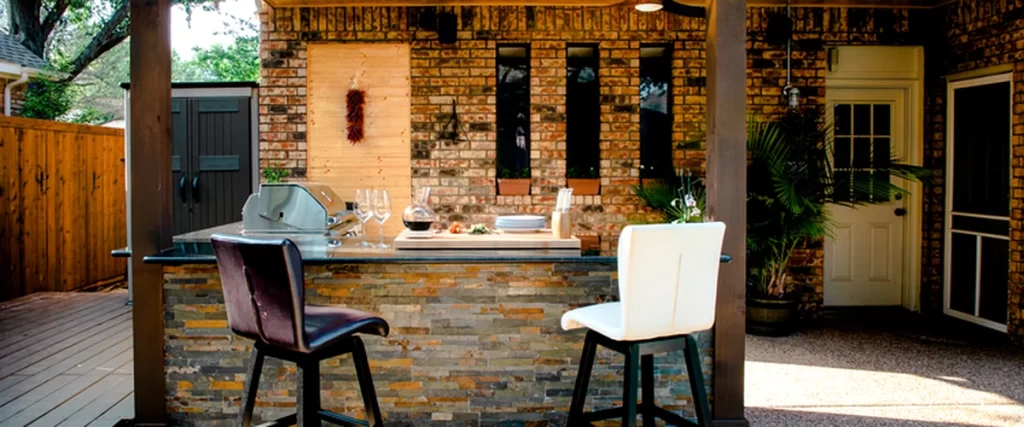 outdoor kitchens fireplaces professional outdoor kitchen with stone bar commercial grade grill brick backdrop
