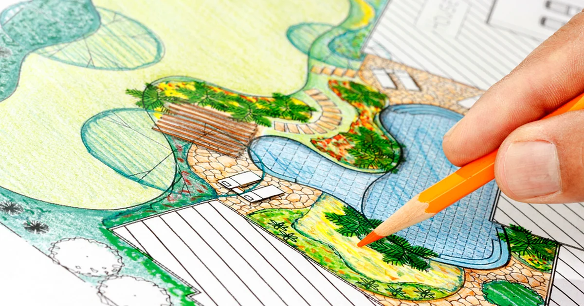 pool spa installation texas professional landscape design sketch featuring pool layout with colored pencil detailing