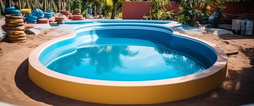 A small, blue fiberglass pool shell in a figure-eight or custom shape with a bright yellow trim, sitting in a sandy backyard during the installation phase.