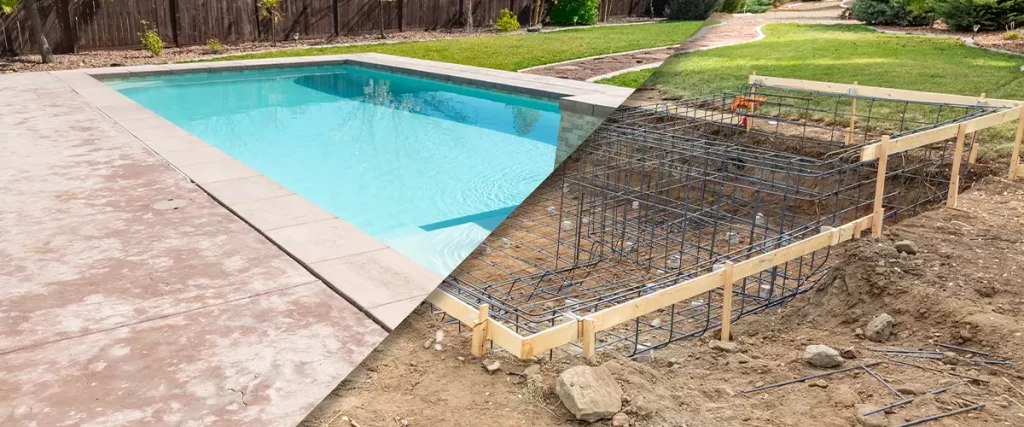 A split-view image showing a finished, rectangular inground swimming pool with concrete decking on the left, and the rebar steel cage and wooden formwork for a pool under construction on the right.