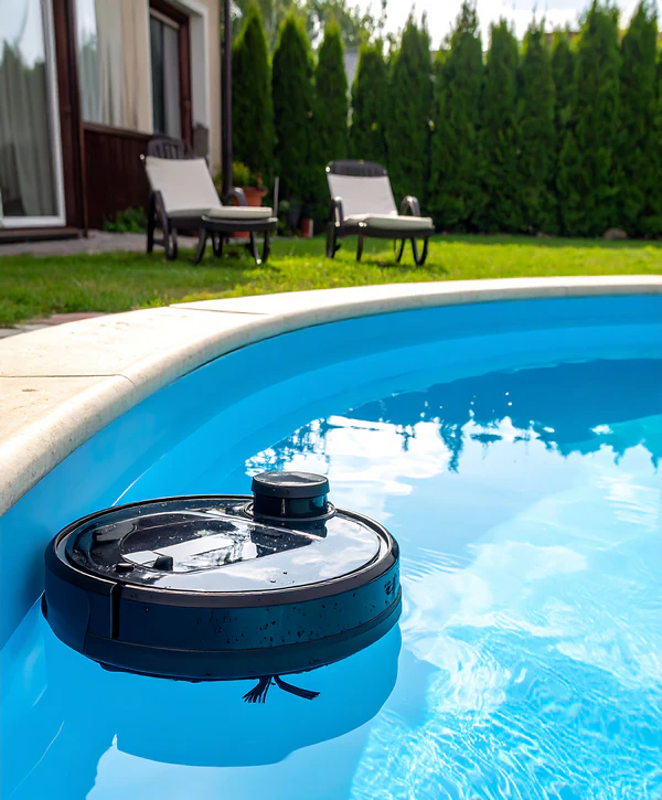 A black robotic pool cleaner floating in clear blue water during a professional pool repair and maintenance service in Allen, TX.