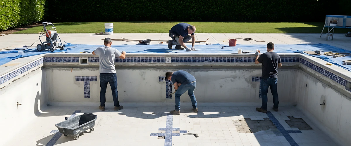 A team of four professional contractors performing a comprehensive swimming pool repair and renovation on an empty concrete pool with blue tile accents.