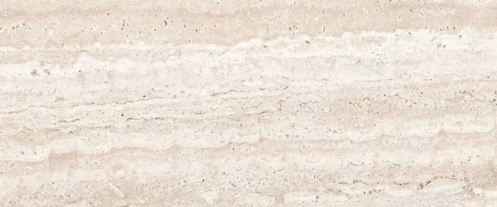 A detailed close-up showing the natural horizontal linear veining and porous texture of a beige vein-cut travertine stone surface with cream and tan earthy tones.