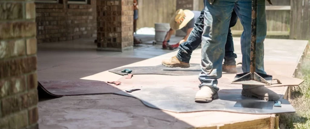 Professional contractors in work boots and jeans carefully applying texture mats to wet cement to create a decorative stamped concrete patio in a residential backyard.