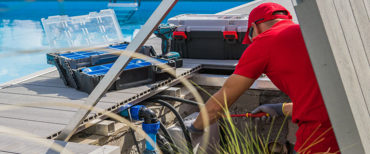 A technician in a red uniform performing a swimming pool pump repair and inspecting the filtration plumbing pipes with tools on a wooden deck.