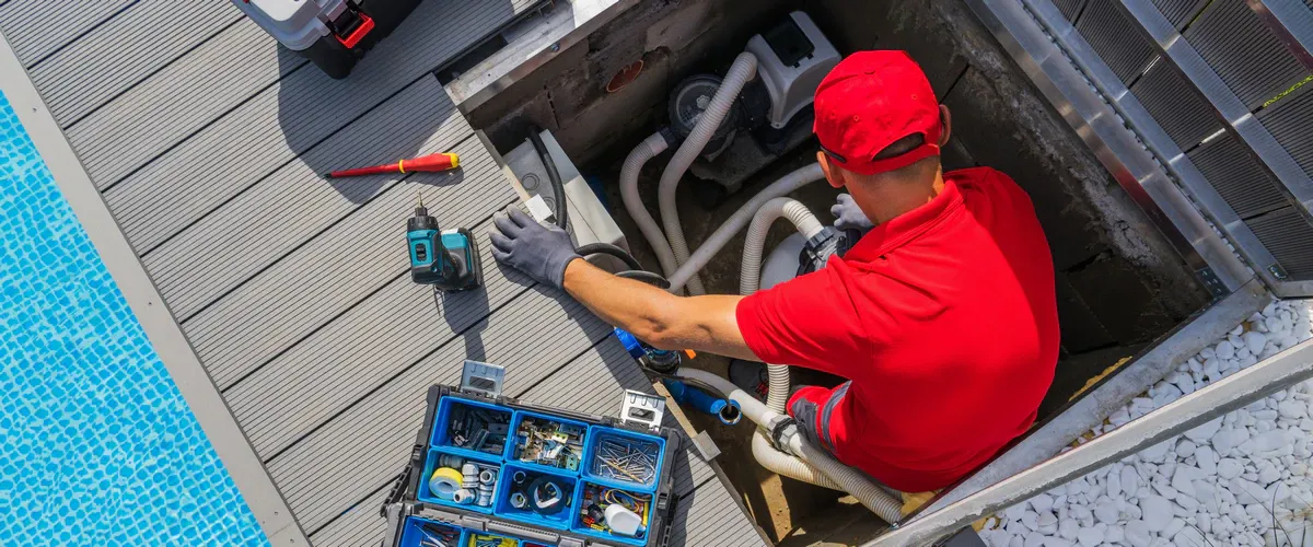 A technician in a red shirt and work gloves performing a repair on a residential swimming pool filtration system and water pump located under a deck.