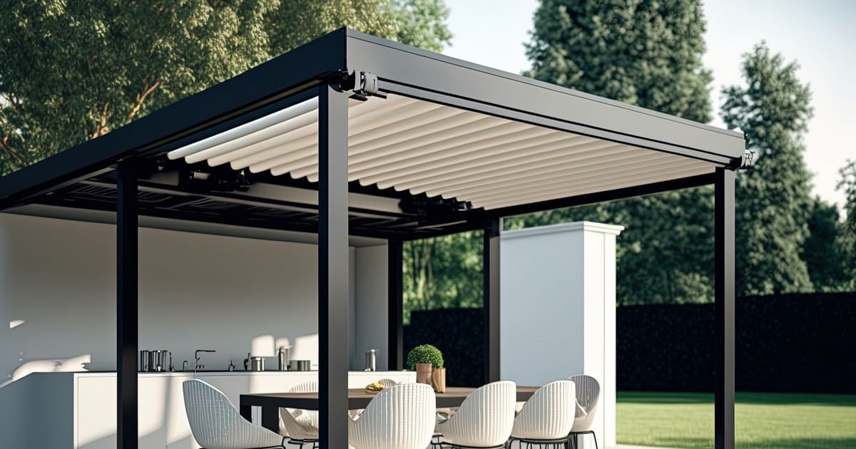 A luxury outdoor kitchen area covered by a modern black louvered pergola, representing the best pergola material for durability.