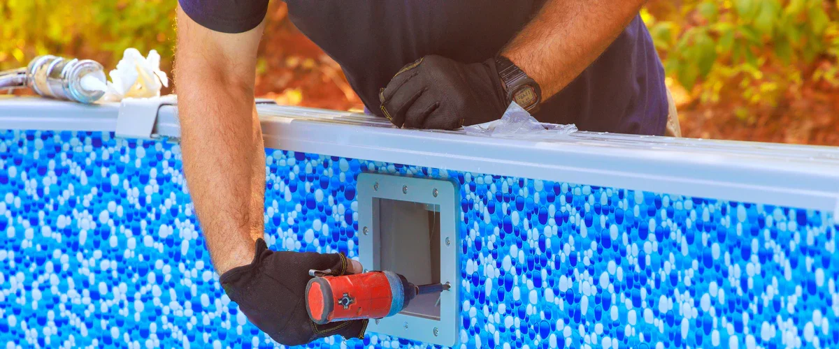 Close-up shot of a contractor's hands in black gloves using a red power tool to complete a repair on a pool skimmer faceplate against a blue mosaic tile pattern.