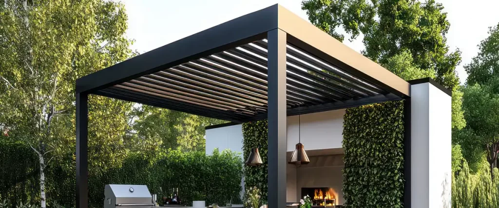 A high-end freestanding black steel pergola covering an outdoor kitchen with integrated pendant lights and a barbecue grill.
