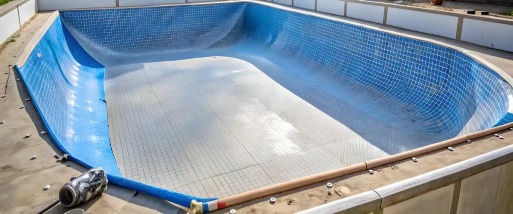 A wide-angle view of an empty in-ground swimming pool being prepared for the installation of new patterned blue pool liners.