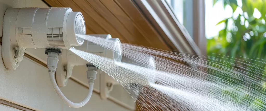 A high-pressure misting fan system mounted on an exterior wall spraying a fine water vapor to cool the air.