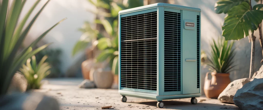 Teal portable evaporative air cooler on a stone patio surrounded by tropical plants.