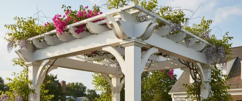 A beautiful white fiberglass pergola heavily adorned with blooming pink bougainvillea and purple wisteria vines.