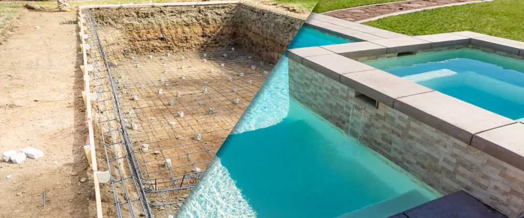A wide-angle view of a rectangular home swimming pool surrounded by a concrete patio, manicured lawn, and lush green trees.