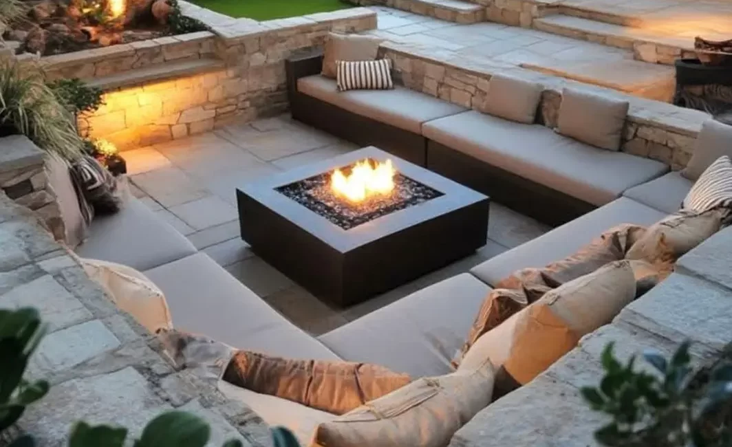 outdoor-fire-pit-installation-gallery-5 Modern backyard fire pit with built-in lounge and lighting