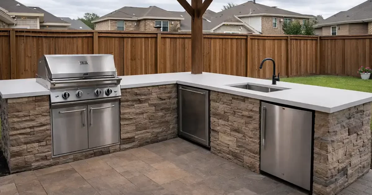 Modern outdoor kitchen with white quartz countertop, built-in stainless grill, sink, and stone base in a backyard patio